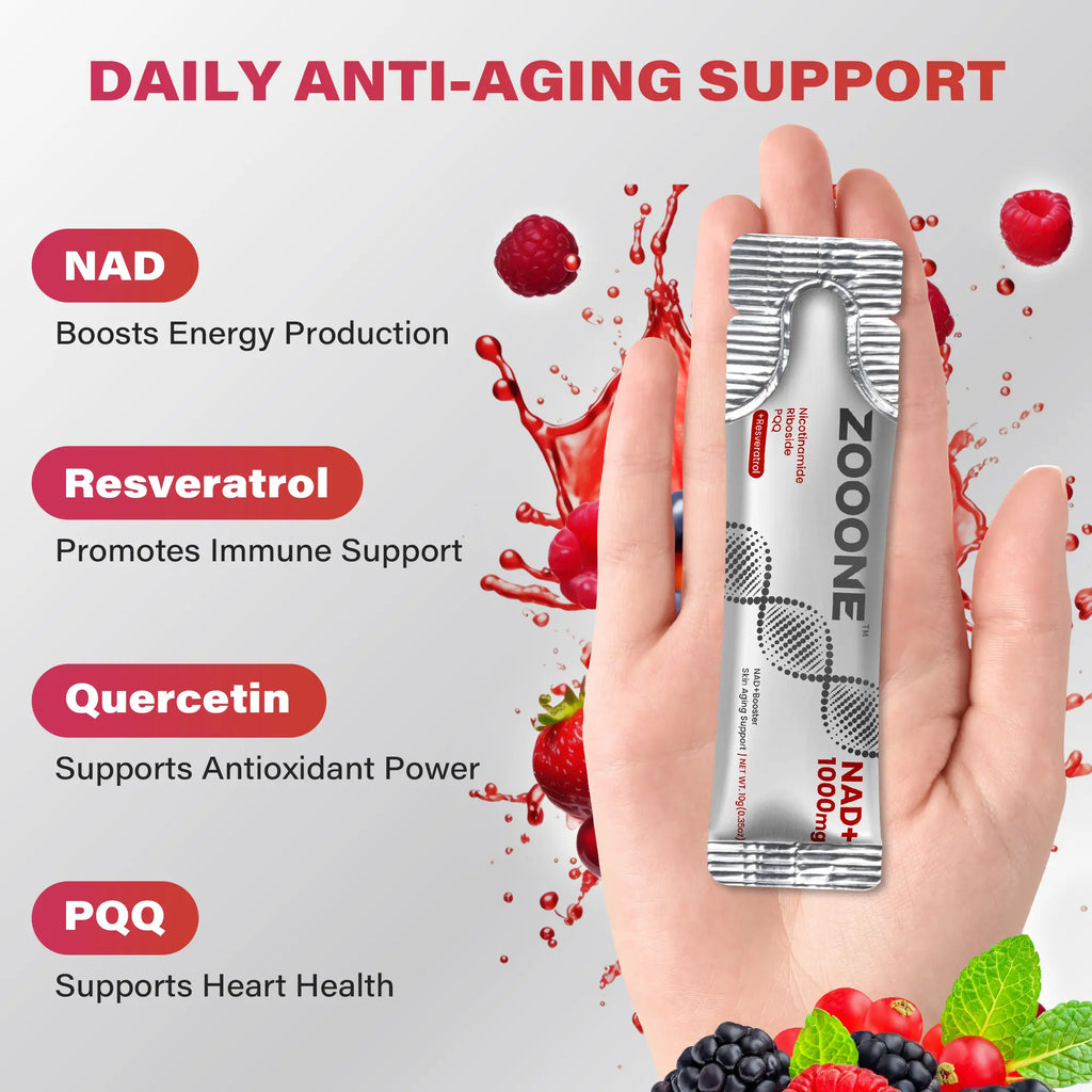 ZOOONE NAD+ Drink Mix 1000mg, Berry Flavor | Nicotinamide Riboside & Resveratrol Supplement, DNA Repair, Anti-Aging for Skin, Boost Cellular Energy & Focus, 30 Packets for Men & Women