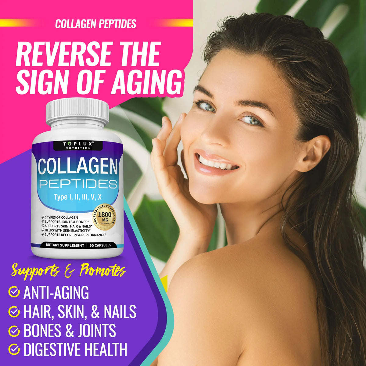 Toplux Nutrition Collagen Peptides 5 Types Complex 1800mg US Made Dietary Supplement for Health Beauty Fitness 90 Capsules