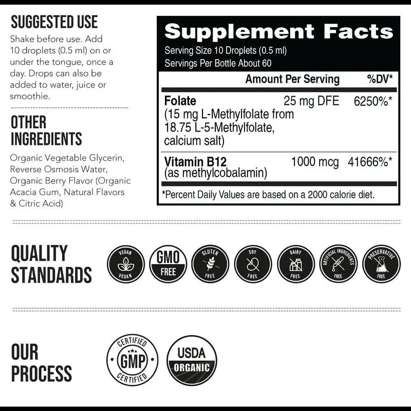 L Methyl Folate 15mg + B12 Cofactor – Organic, Berry Flavor, Professional Strength, Liquid Active 5-MTHF Form, Supports Mood, Methylation, & Cognition fitness dietary