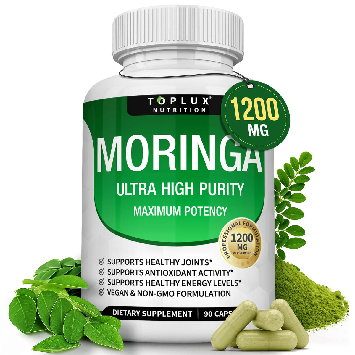 Toplux Moringa Capsules 1200mg - Pure Moringa Powder for Immune, Gut health 90 Capsules