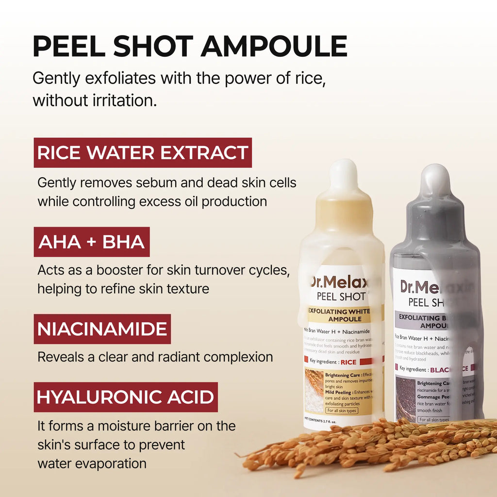 [Dr.Melaxin Official] Peel Shot Glow Rice Ampoule Duo - Peel Shot Gentle Exfoliator for Glowing, Smooth Skin | Blackhead Whitehead Care | Korean skincare