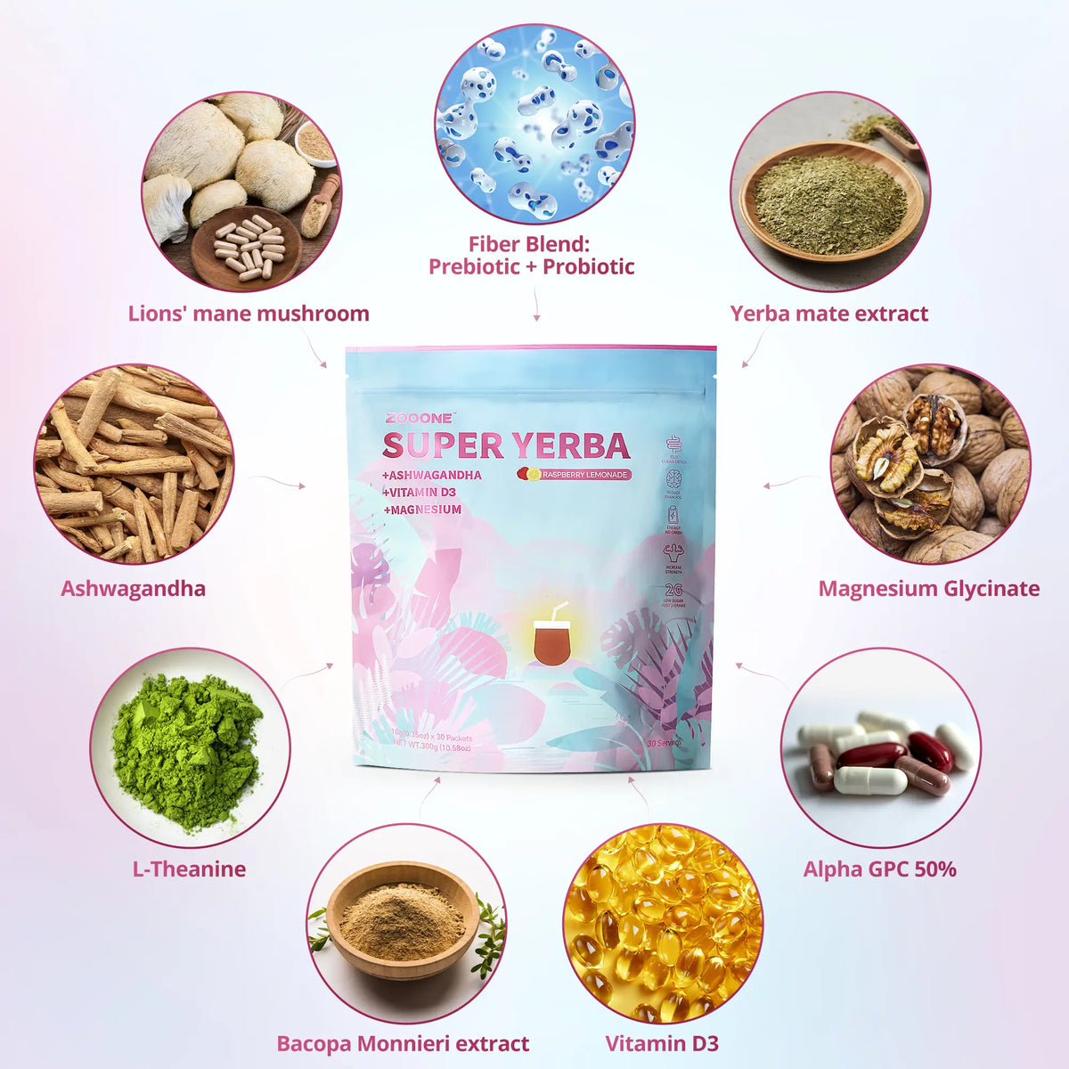 ZOOONE Super Yerba | Yerba Mate Instant Drink Powder |  RASPBERRY LEMONADE Flavor | 30 Servings