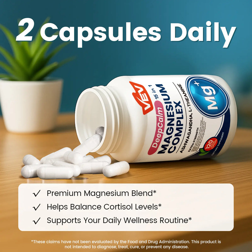 VEV 15 in 1 Magnesium Citrate & Glycinate Complex Capsules, Cortisol Support with Ashwagandha & L-Theanine, Edible Minerals Natural Dietary, 120 Vegan Capsules