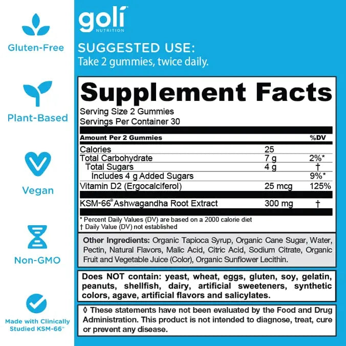 Goli Ashwagandha & Vitamin D Gummy - Mixed Berry, KSM-66, Vegan, Plant Based, Non-GMO, Gluten-Free & Gelatin Free. America's #1 Ashwagandha Brand