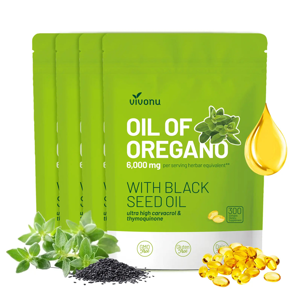 VivoNu Organic Oregano Oil Capsules with Black Seed – 6000mg per Serving, 300 Softgels – Herbal Support for Wellness, Non-GMO, Gluten-Free