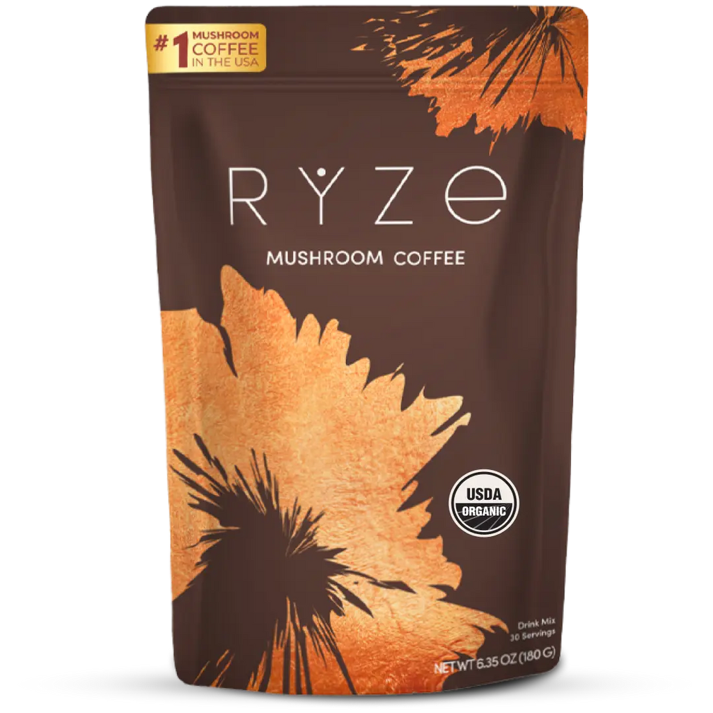 RYZE SUPERFOODS Mushroom Medium Roast Coffee USDA Organic with 6 Adaptogenic Mushrooms, USA Grown Instant Coffee for Better Energy, Focus Digestion Immunity with Lions Mane & Turkey Tail 30 Servings
