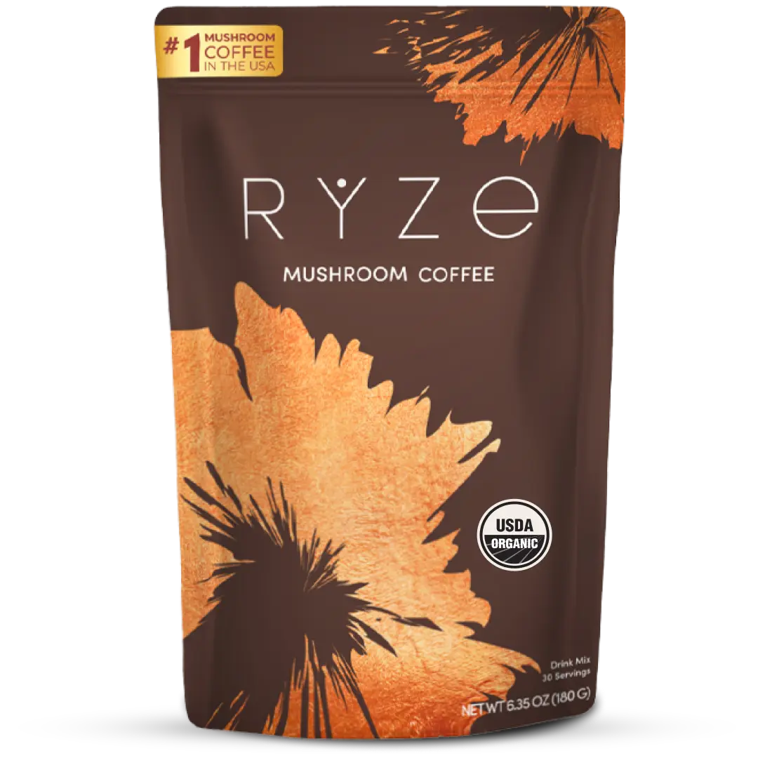 RYZE SUPERFOODS Mushroom Medium Roast Coffee USDA Organic with 6 Adaptogenic Mushrooms, USA Grown Instant Coffee for Better Energy, Focus Digestion Immunity with Lions Mane & Turkey Tail 30 Servings