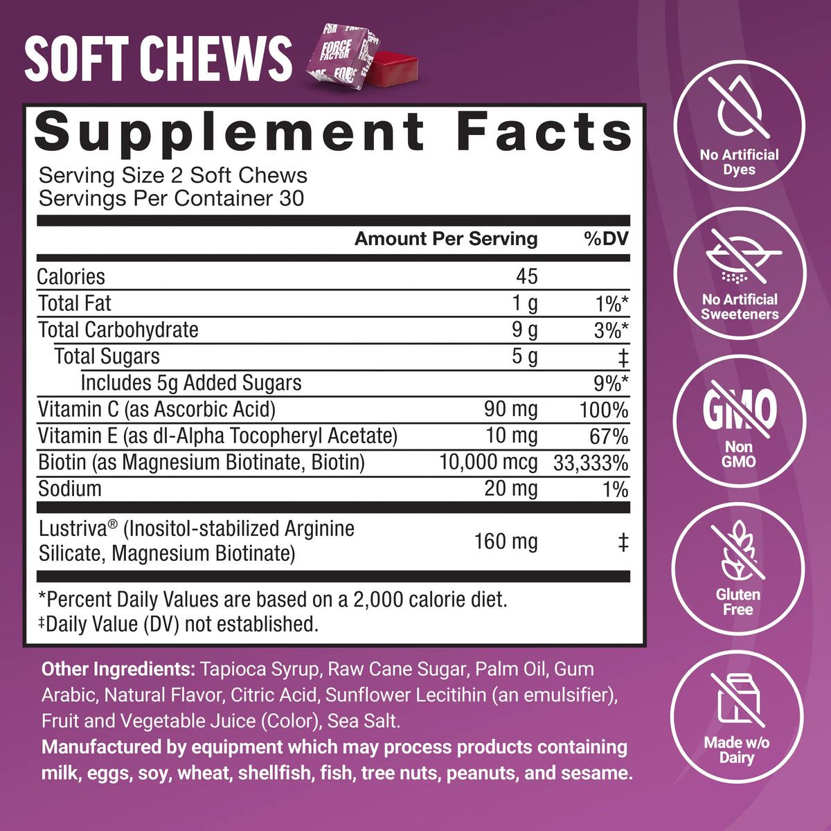 Force Factor Hair Growth Accelerator | Clinically Studied Lustriva for Thicker Stronger Hair, Biotin, Vit C & E, Mixed Berry Soft Chews or Capsules