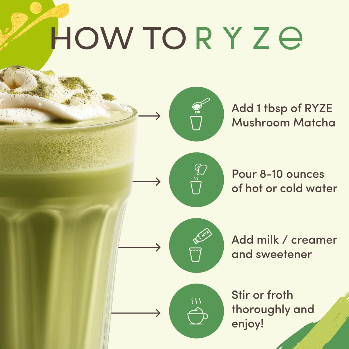 RYZE Mushroom Matcha, USDA Organic with 6 Adaptogenic Mushrooms and Ceremonial-Grade Japanese Matcha for Energy, Focus, Digestion, Immunity with Turkey Tail, Shiitake, Lion's Mane, Reishi, 30 servings