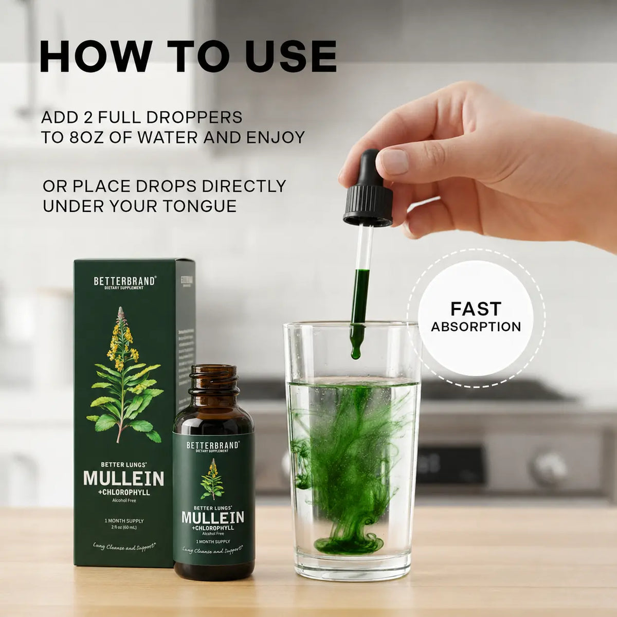 Betterbrand Mullein Leaf & Chlorophyll Drops for Lung Detox & Mucus Cleanse - 30 Servings - Clinically Studied Natural Liquid Herbal Supplement for Respiratory Wellness