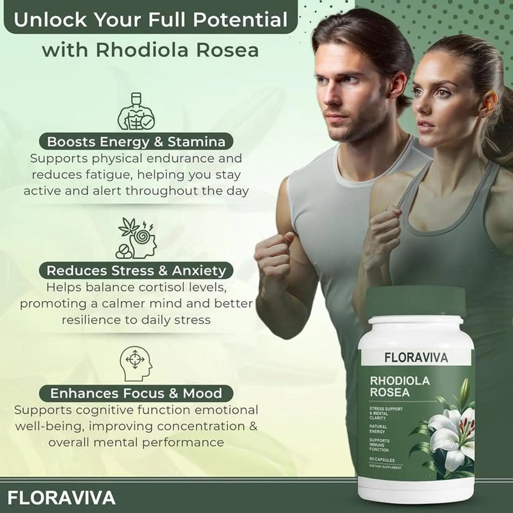 Natural Rhodiola Rosea Wellness Capsules 500mg - Natural Adaptogen Supplement for Stress Support, Mental Focus & Energy - Non-GMO (60 Capsules) Dietary Supplement, More Natural ingredient