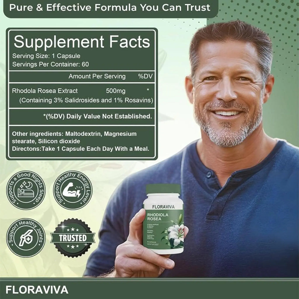 Natural Rhodiola Rosea Wellness Capsules 500mg - Natural Adaptogen Supplement for Stress Support, Mental Focus & Energy - Non-GMO (60 Capsules) Dietary Supplement, More Natural ingredient