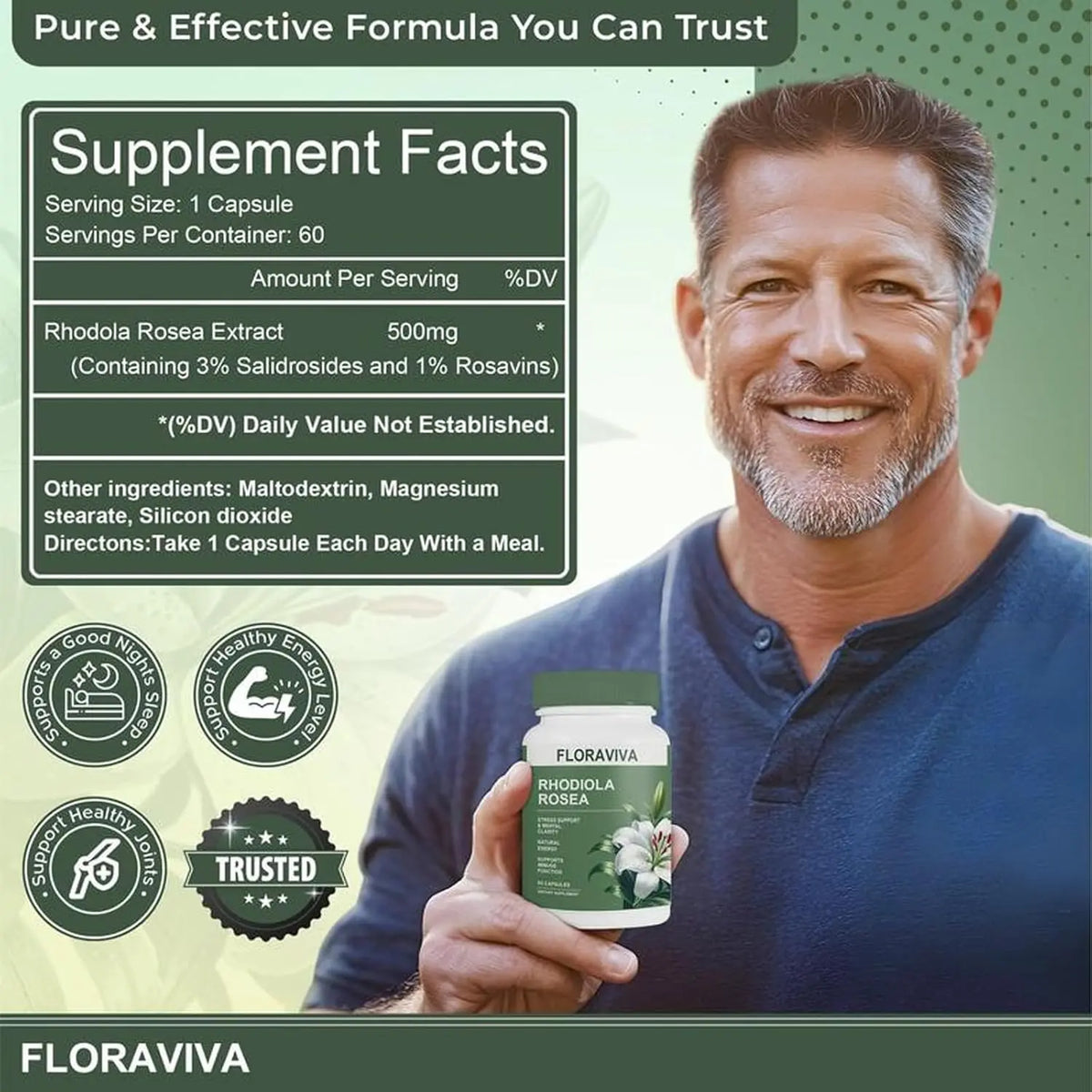 Natural Rhodiola Rosea Wellness Capsules 500mg - Natural Adaptogen Supplement for Stress Support, Mental Focus & Energy - Non-GMO (60 Capsules) Dietary Supplement, More Natural ingredient