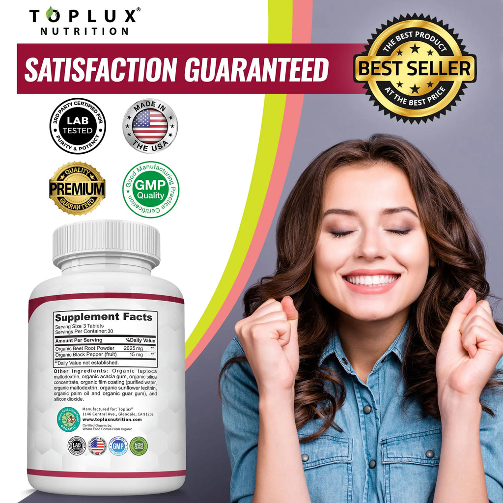 Toplux Organic Beet Root Tablets -  Nitric Oxide Booster Beetroot Supplement 2040mg