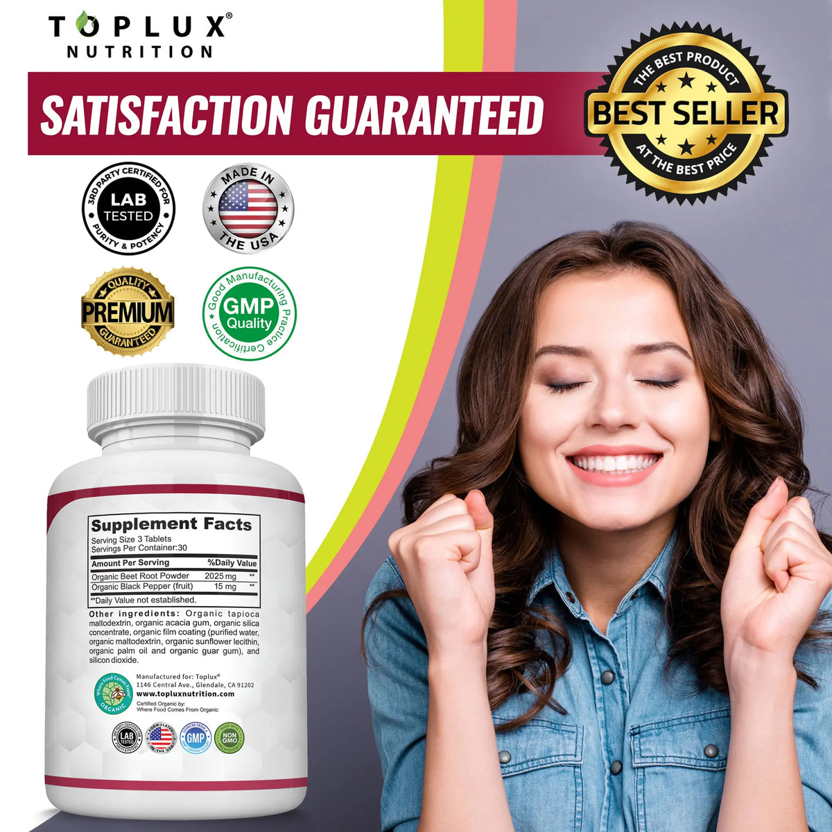 Toplux Organic Beet Root Tablets -  Nitric Oxide Booster Beetroot Supplement 2040mg