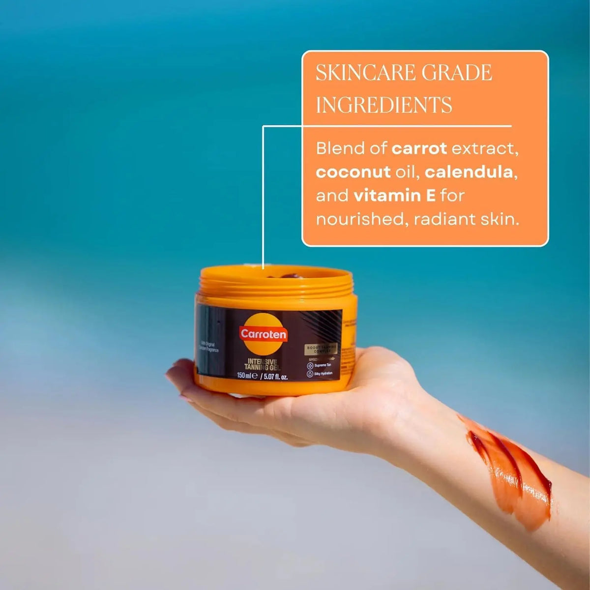 Carroten Intensive Tanning Gel | Browning Tan Accelerator | Non-Greasy, Water-Resistant with Carrot & Coconut Oil | Vitamin A & E For Moisture & Hydration | 5 Fl Oz