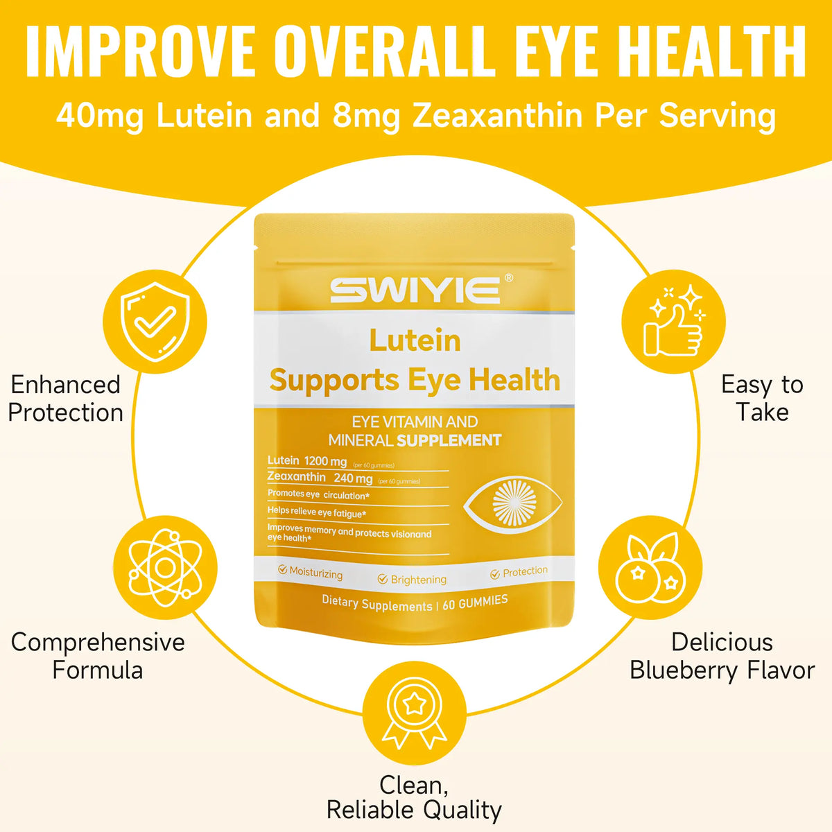 Swiyie Lutein & Zeaxanthin Gummies – Eye Health Supplement with Astaxanthin, Vitamin A C E – Blue Light Defense, Vision Support, Berry Flavor – 60 Gummies Healthcare Dietary Fitness Edible