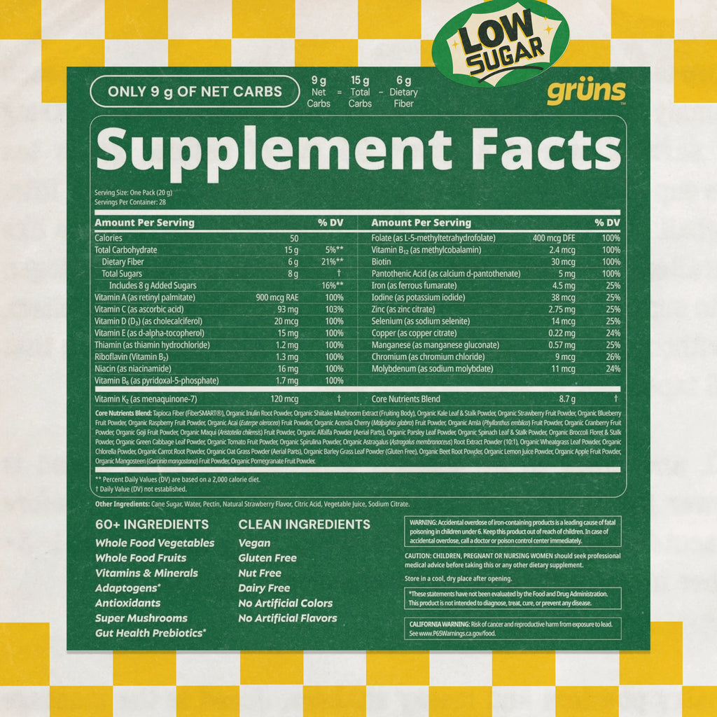 Grüns Superfood Greens Gummies: Comprehensive nutrition supplement with 60+ ingredients: Vitamins and Minerals, Prebiotics for Digestive Health, Adaptogens, Chlorophyll, Chlorella, Fruits and Vegetables, Gluten Free, Vegan, Third Party Tested