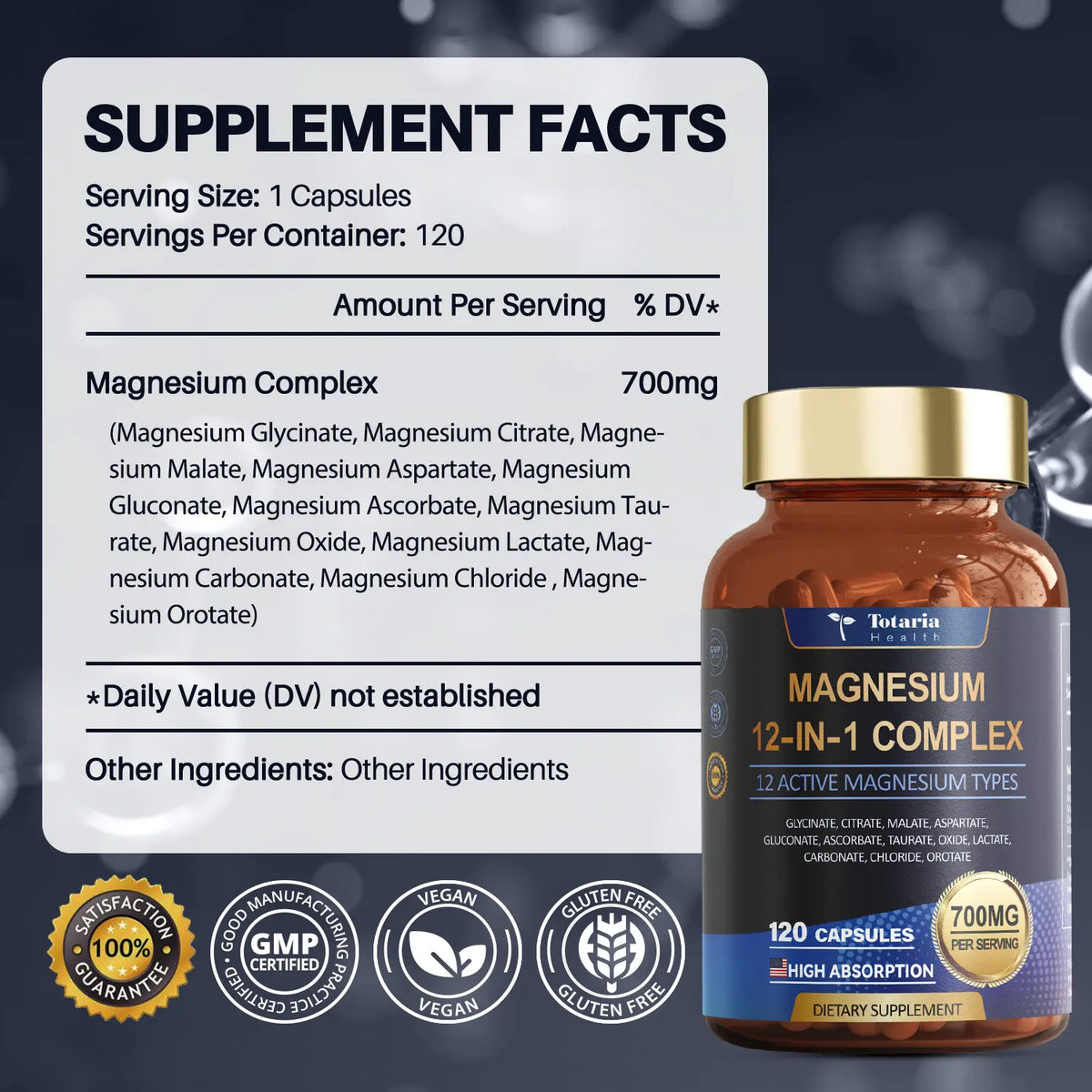 Totaria 12-in-1 Magnesium Complex 700mg - Supplement with Glycinate Citrate Malate Oxide Taurate Aspartate Orotate, Vegan Capsules for Muscle, Heart, and Relaxation Support