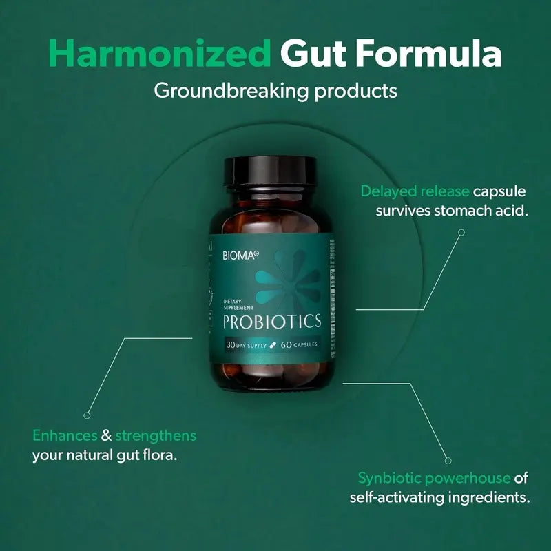 Bioma Probiotics – 60 Capsules | 3-in-1 Gut Health Formula for Digestive Support, Balance & Immunity