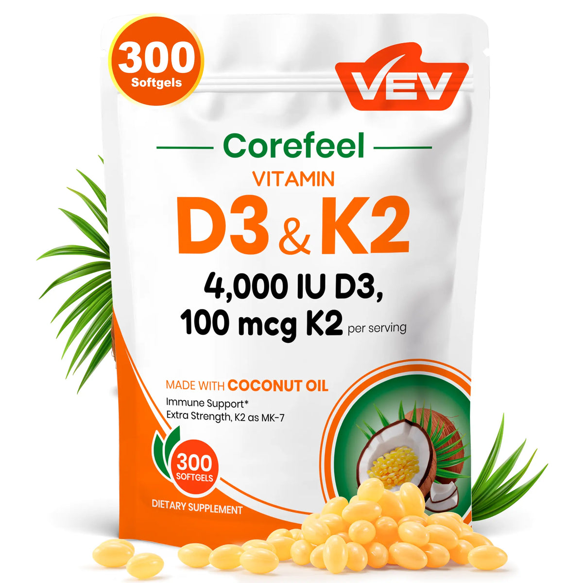 VEV Corefeel Vitamin D3 K2 10000 IU, 300 Virgin Coconut Oil Softgels, 2 in 1 Vitamins Supplement D & K, Dietary Supplemental Pack, Mothersdaygift, Summervibes