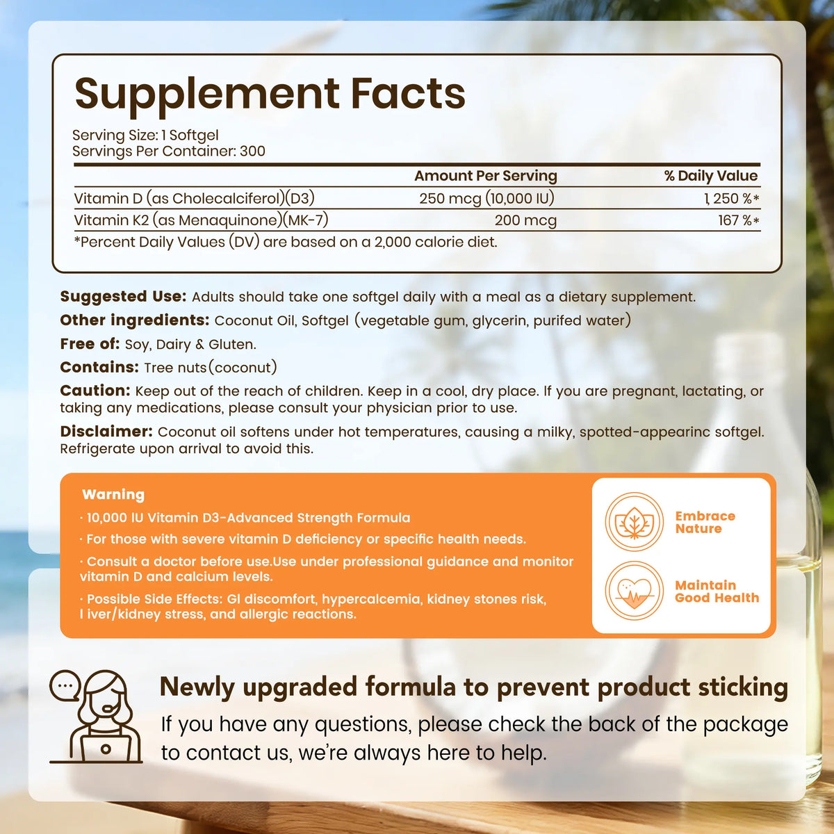 VEV Corefeel Vitamin D3 K2 10000 IU, 300 Virgin Coconut Oil Softgels, 2 in 1 Vitamins Supplement D & K, Dietary Supplemental Pack, Mothersdaygift, Summervibes