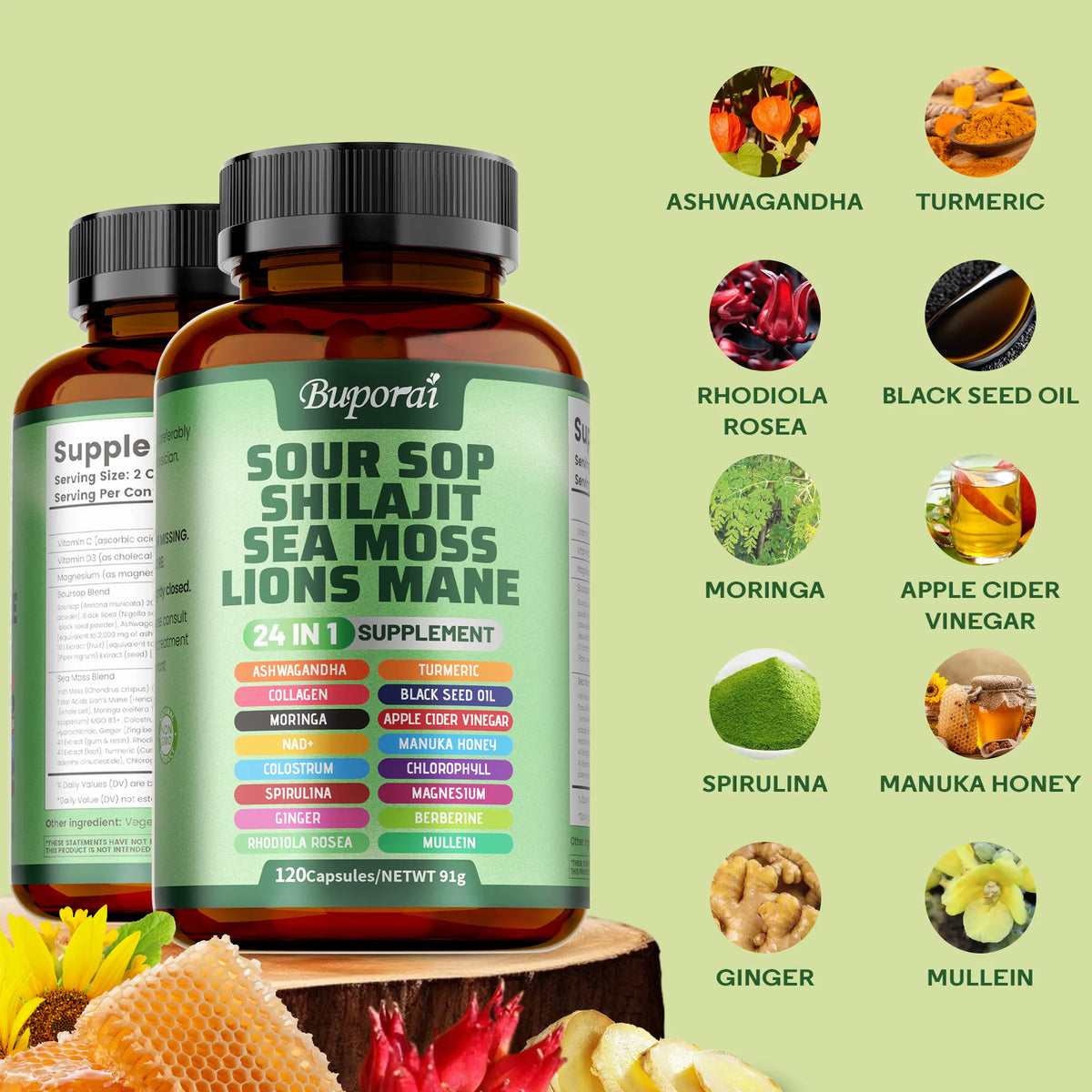 Soursop Dietary Supplement, rich in antioxidants, 120 capsules per bottle, with added shiitake mushroom, seaweed, and lion's mane mushroom, 24 in 1, supports skin, joint, and bone health.