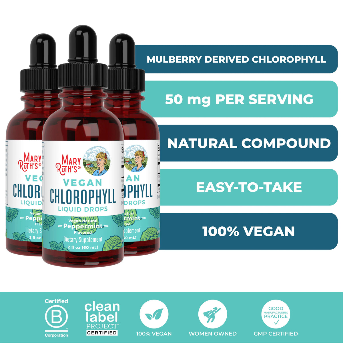 MaryRuth's Vegan Chlorophyll Liquid Drops - Non-Diluted Liquid Chlorophyll - Mulberry Derived Supplement - Non-GMO - Delicious Minty Flavor - 2 Fl Oz