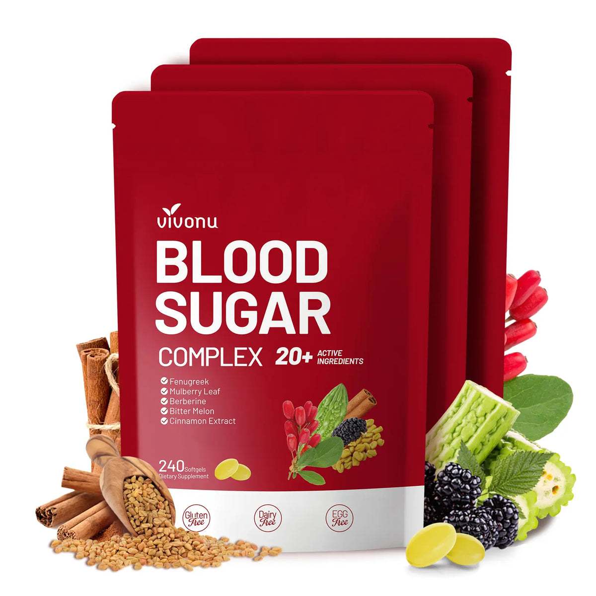 VIVONU BLOOD SUGAR COMPLEX –Blood Sugar Balance | Antioxidant Support | Metabolic Support | Enhanced Absorption | Bitter Melon + Turmeric + Cinnamon + Mulberry Leaf + Berberine + Fenugreek | 240 Capsules per Bag mothersdaygift