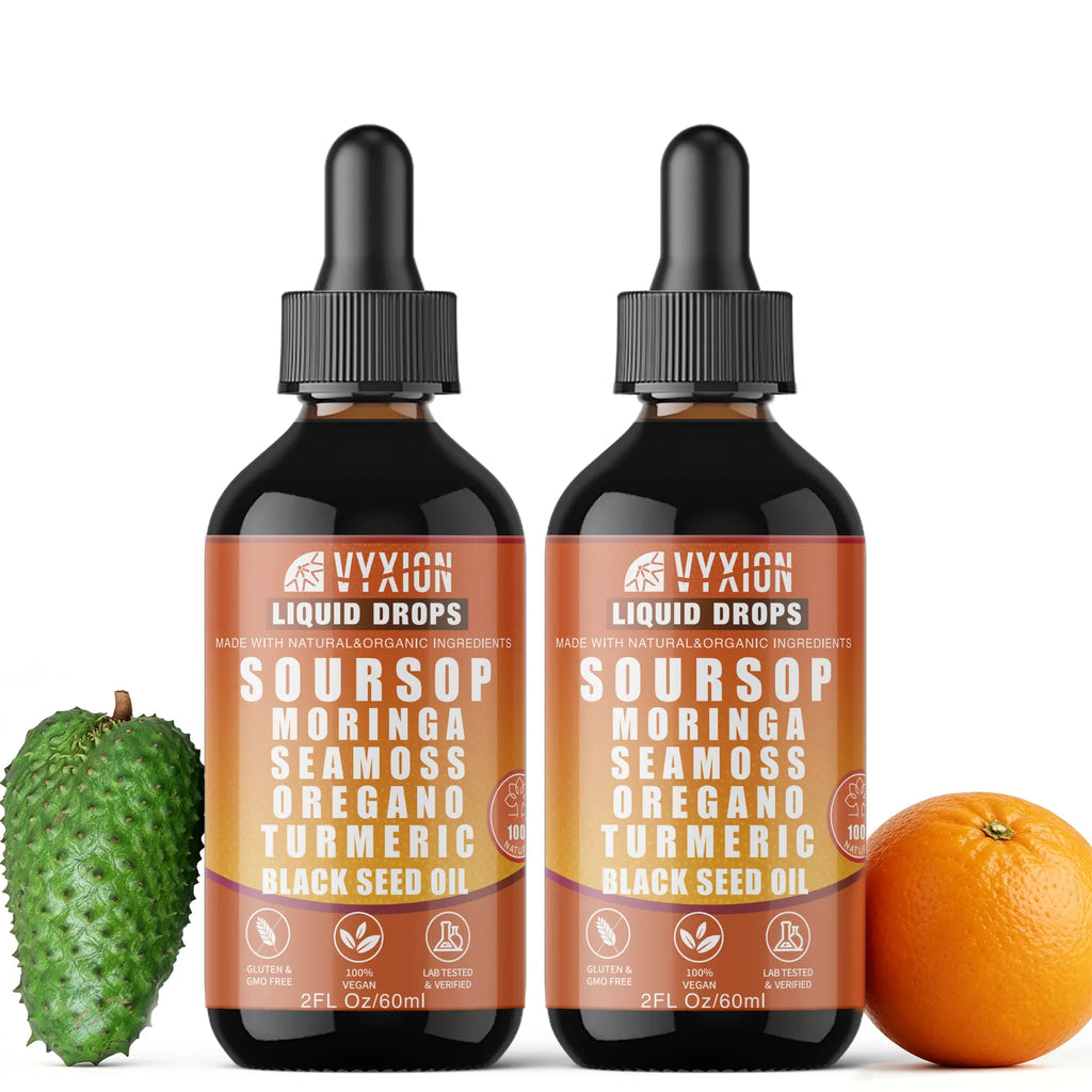 VYXION Pure Soursop 10 in 1 Liquid Drops Extract - Seamoss,Moringa,Black Seed Oil,Turmeric,Oregano Liquid Drops for Immune System and Gut Health Support