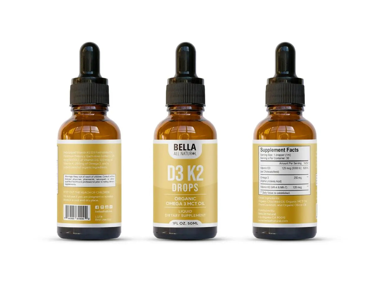 Bella All Natural D3 K2 Drops Organic Omega 3 MCT Oil 50ml Supplement for Daily Health Needs