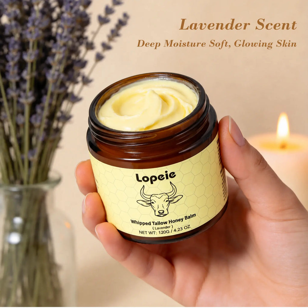 Lopeie Whipped Grass-Fed Beef Tallow Honey Balm – Lavender Scent, Deep Moisturizer for Face, Hands & Body, 4 Oz