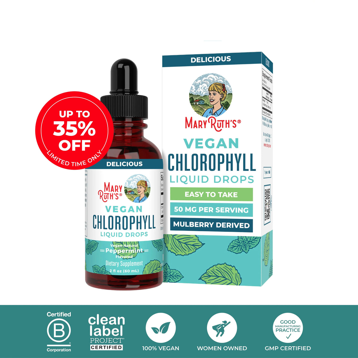 MaryRuth's Vegan Chlorophyll Liquid Drops - Non-Diluted Liquid Chlorophyll - Mulberry Derived Supplement - Non-GMO - Delicious Minty Flavor - 2 Fl Oz