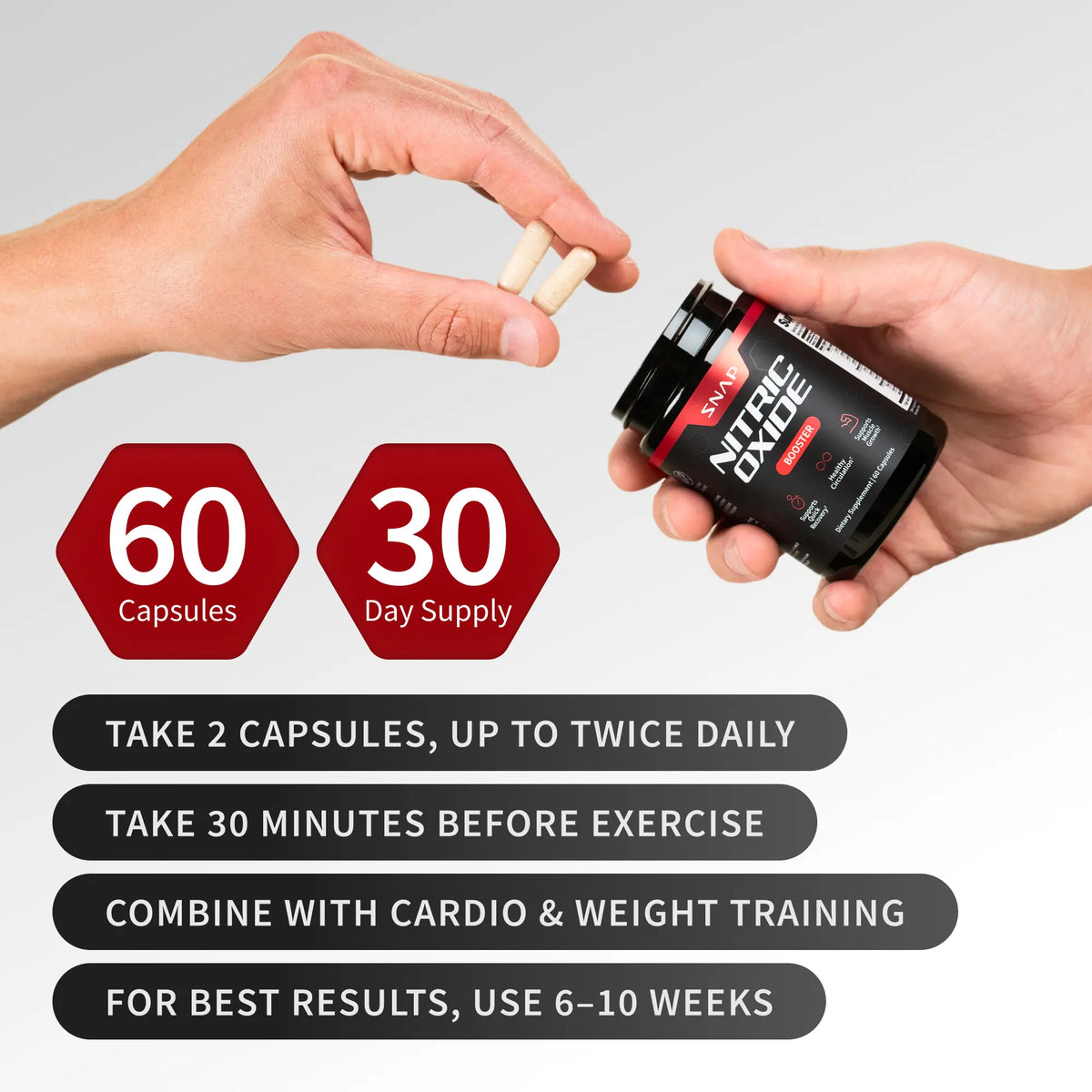 Snap Supplements - Nitric Oxide Booster - Support Healthy Blood Circulation -  Nitric Oxide Supplement for Men and Women - 3rd party tested - 60 count
