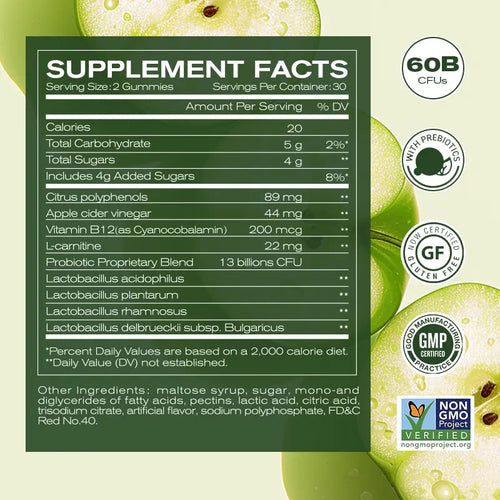 Apple Cider Vinegar Gummy VitaminsCount - Vitamin B12, Gelatin-Free, Gluten-Free, Vegan & Non-GMO,ACV Supplement | Apple Flavor Optimum Edible Dietary Fitness
