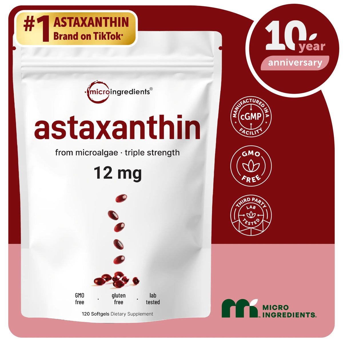 Micro Ingredients Astaxanthin 12mg, 120 softgels, tanning pills, Strength Carotenoids Skin Supplement w. 100%25 Natural Astaxanthin from MicroAlgae