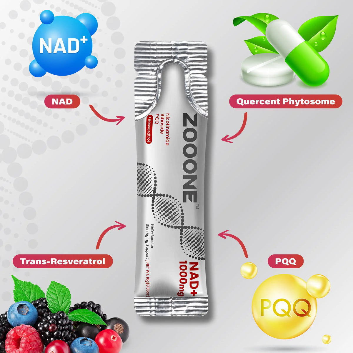 ZOOONE NAD+ Drink Mix 1000mg, Berry Flavor | Nicotinamide Riboside & Resveratrol Supplement, DNA Repair, Anti-Aging for Skin, Boost Cellular Energy & Focus, 30 Packets for Men & Women