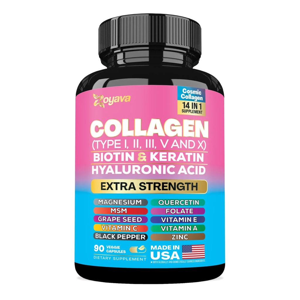Collagen Supplement - Type I, II, III, V and X - with Biotin, Keratin, Hyaluronic Acid & 13+ Extra Strength Ingredients for Beauty, Fitness, & Healthcare - 90 Capsules - MADE IN USA