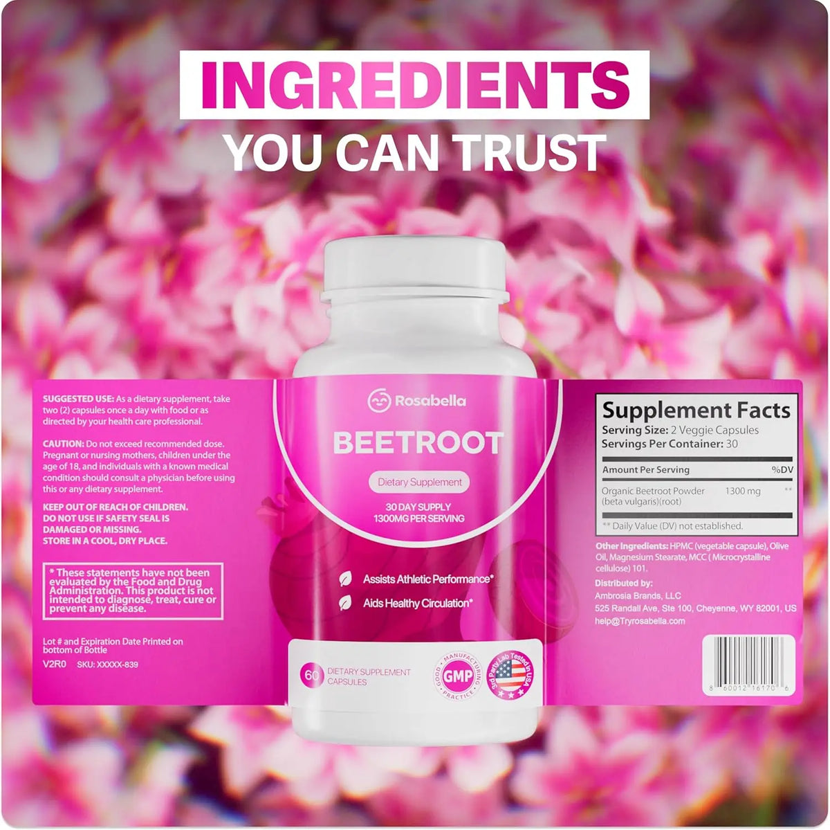 Rosabella Organic Beetroot Capsules (1300mg) for Blood Flow & Heart Health