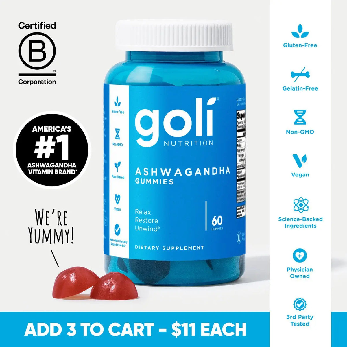 Goli Ashwagandha & Vitamin D Gummy - Mixed Berry, KSM-66, Vegan, Plant Based, Non-GMO, Gluten-Free & Gelatin Free. America's #1 Ashwagandha Brand