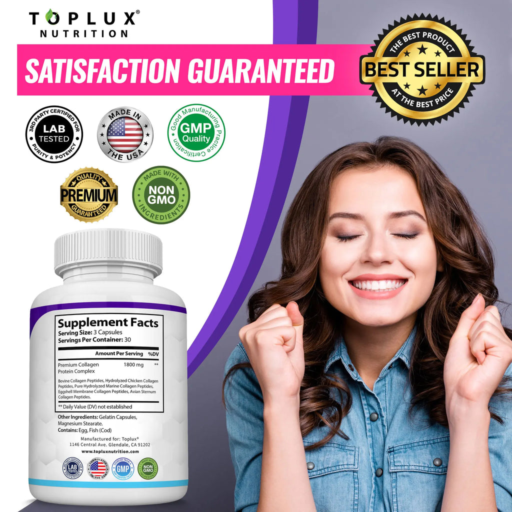 Toplux Nutrition Collagen Peptides 5 Types Complex 1800mg US Made Dietary Supplement for Health Beauty Fitness 90 Capsules