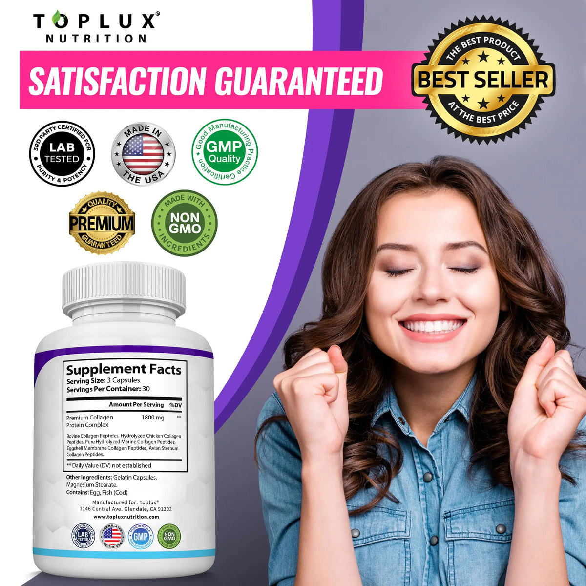 Toplux Nutrition Collagen Peptides 5 Types Complex 1800mg US Made Dietary Supplement for Health Beauty Fitness 90 Capsules