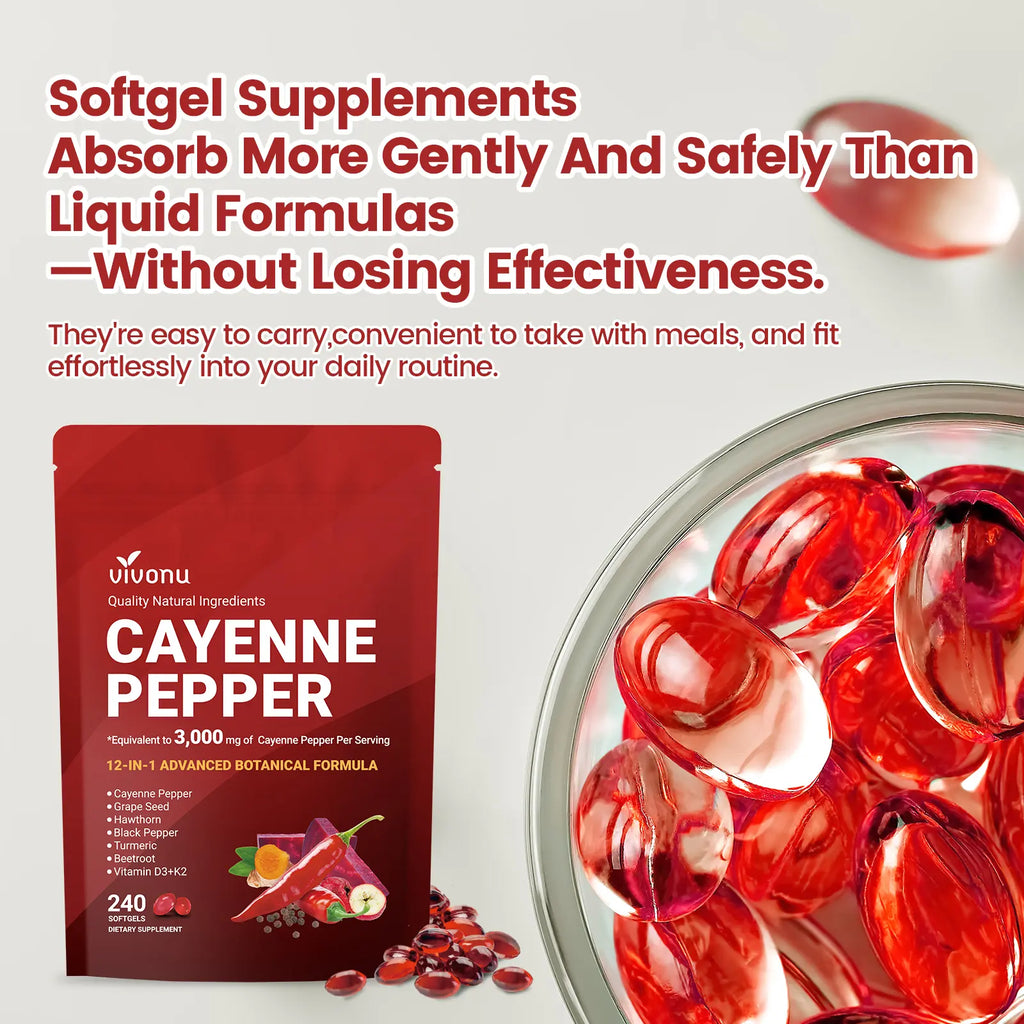 Cayenne Pepper Softgels Supplement, Supports Leg Vein, Heart and Blood Vessel Health, with Vitamin E D3+K2 and Extracts of Grape Seed, Hawthorn, Beetroot and Others (240 Softge /1 Bag)