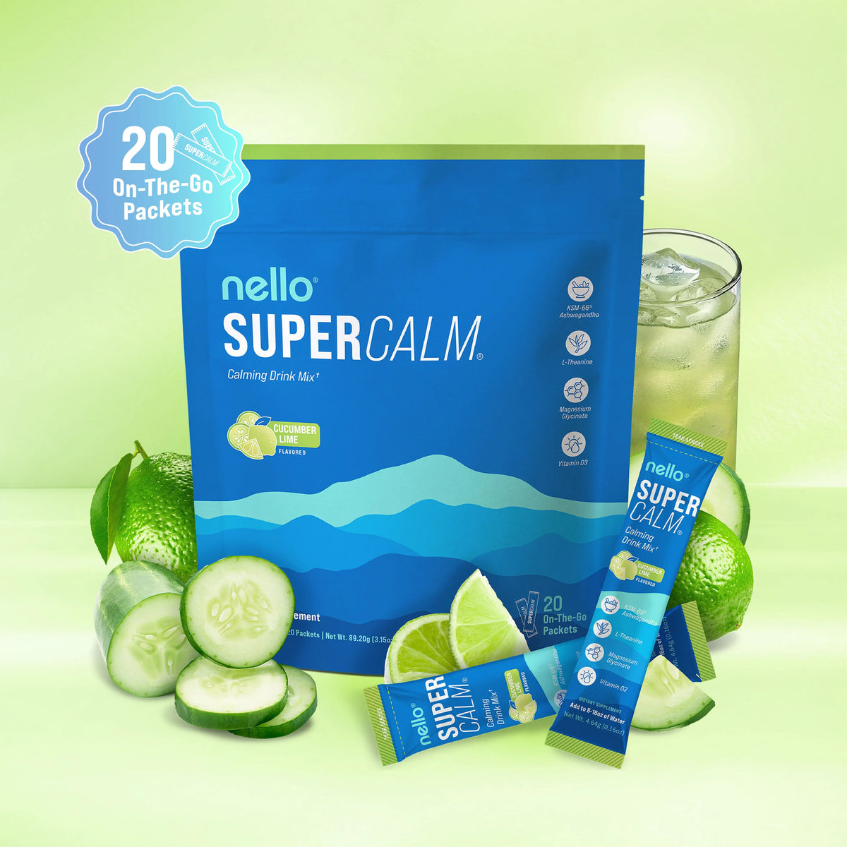 Nello Supercalm Calming Drink Mix with KSM-66 Ashwagandha Vitamin D3 Magnesium & L-Theanine Supports Cortisol Balance Mood Sleep 20 Servings Travel Packets Dietary Supplement