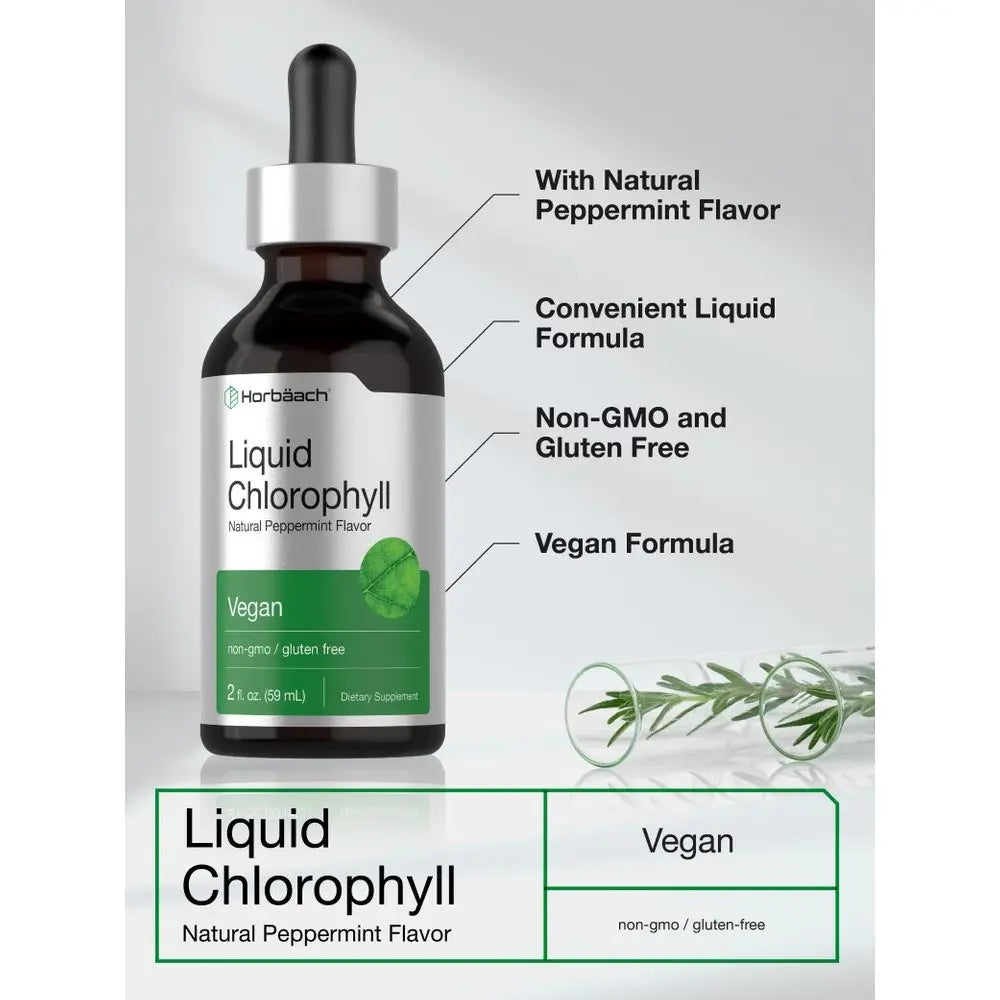 Horbäach Liquid Chlorophyll Drops - 2 oz - Vegan, Non-GMO, and Gluten Free Formula - Natural Peppermint Flavor