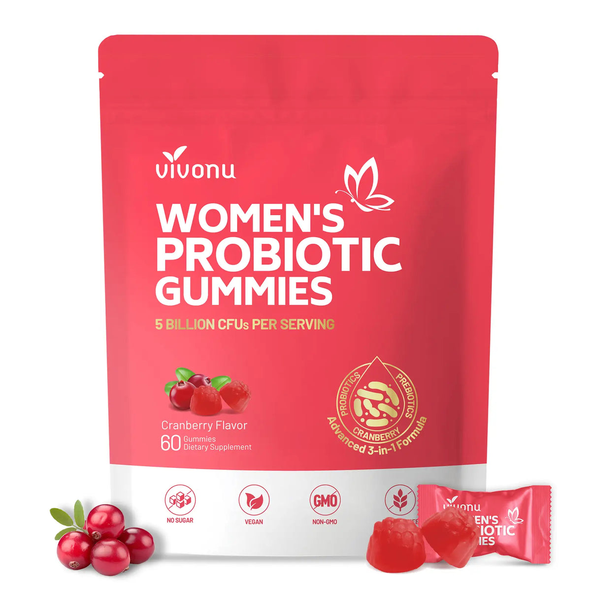 Cranberry Probiotic Gummies | Targeting Body Odor, Women's Health, and Body Balance | Vegan (60 Gummies per Pack) SummerVibes