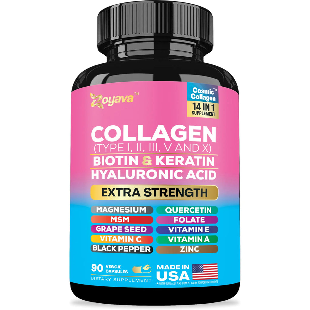 Collagen Supplement - Type I, II, III, V and X - with Biotin, Keratin, Hyaluronic Acid & 13+ Extra Strength Ingredients for Beauty, Fitness, & Healthcare - 90 Capsules - MADE IN USA