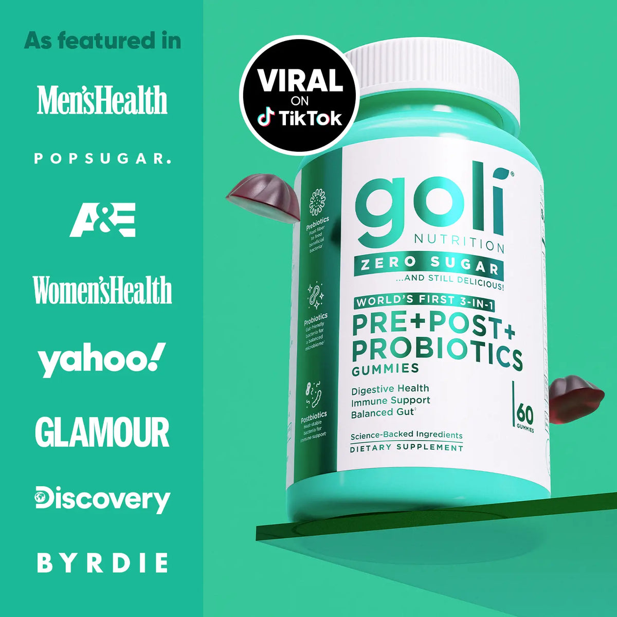 Goli Zero Sugar World's First 3-in-1 Pre, Post, Probiotic Gummies - Gluten Free, Vegan, Non-GMO, & Gelatin-Free.