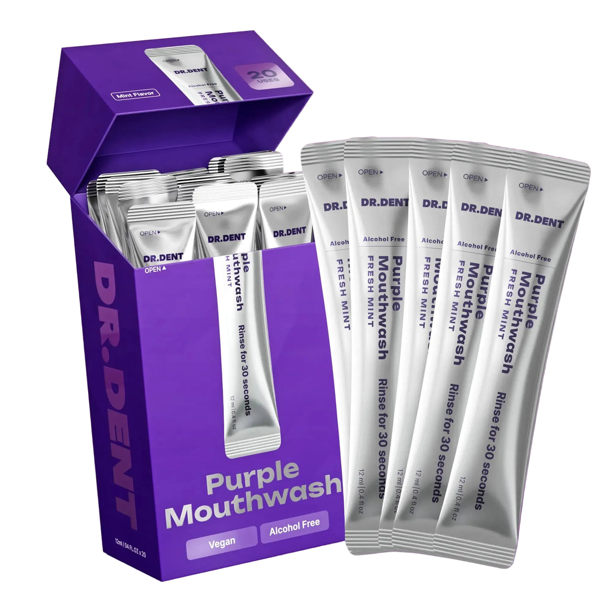 DR.DENT Purple Mouthwash - Sachets 20 Pack - Peroxide-Free - Alcohol Free - Vegan Mint