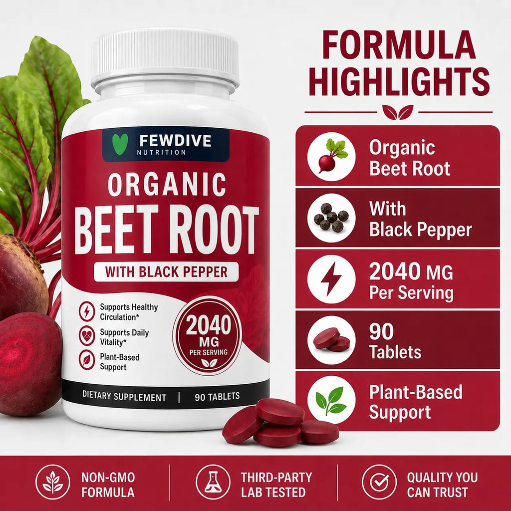FEWDIVE Beet Root Capsules with Black Pepper, Organic Beet Root Formula, Plant-Based Daily Nutrition Support, 90 Count